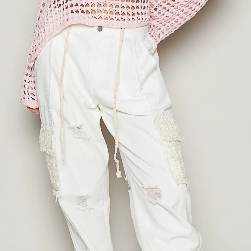 New POL Clothing Denim Lace Joggers Women's Distressed Relaxed WhiteTwill Pants - Picture 3 of 11